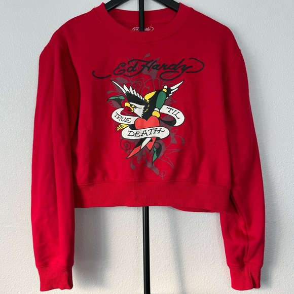 Ed Hardy‎ Women's Red Cropped Graphic Sweatshirt Long Sleeve Casual Size M - Picture 3 of 11
